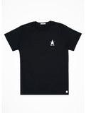 A black short sleeve Marine Layer tee shirt with the white Astra logo on upper left chest panel.